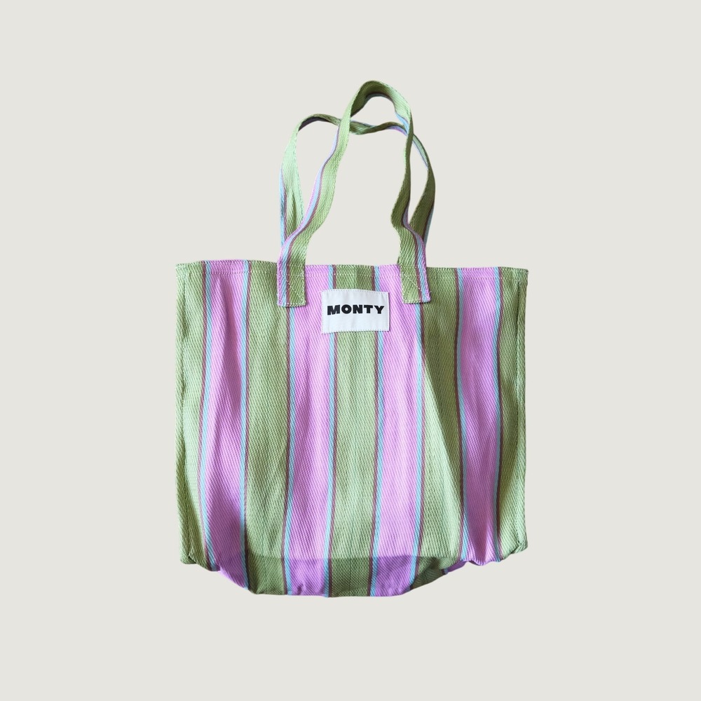 MONTY Tote Bag Striped Flamingo Matcha Green Pink Recycled Nylon Medium Laptop